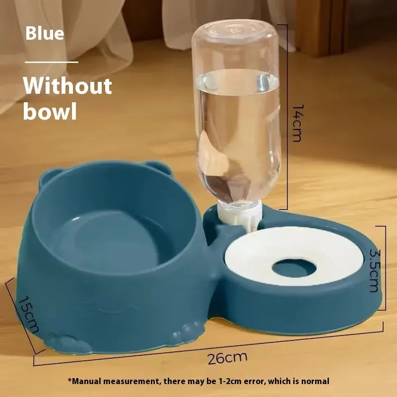 Automatic double bowl pet feeder with gravity dispenser in pink colour on elevated stand