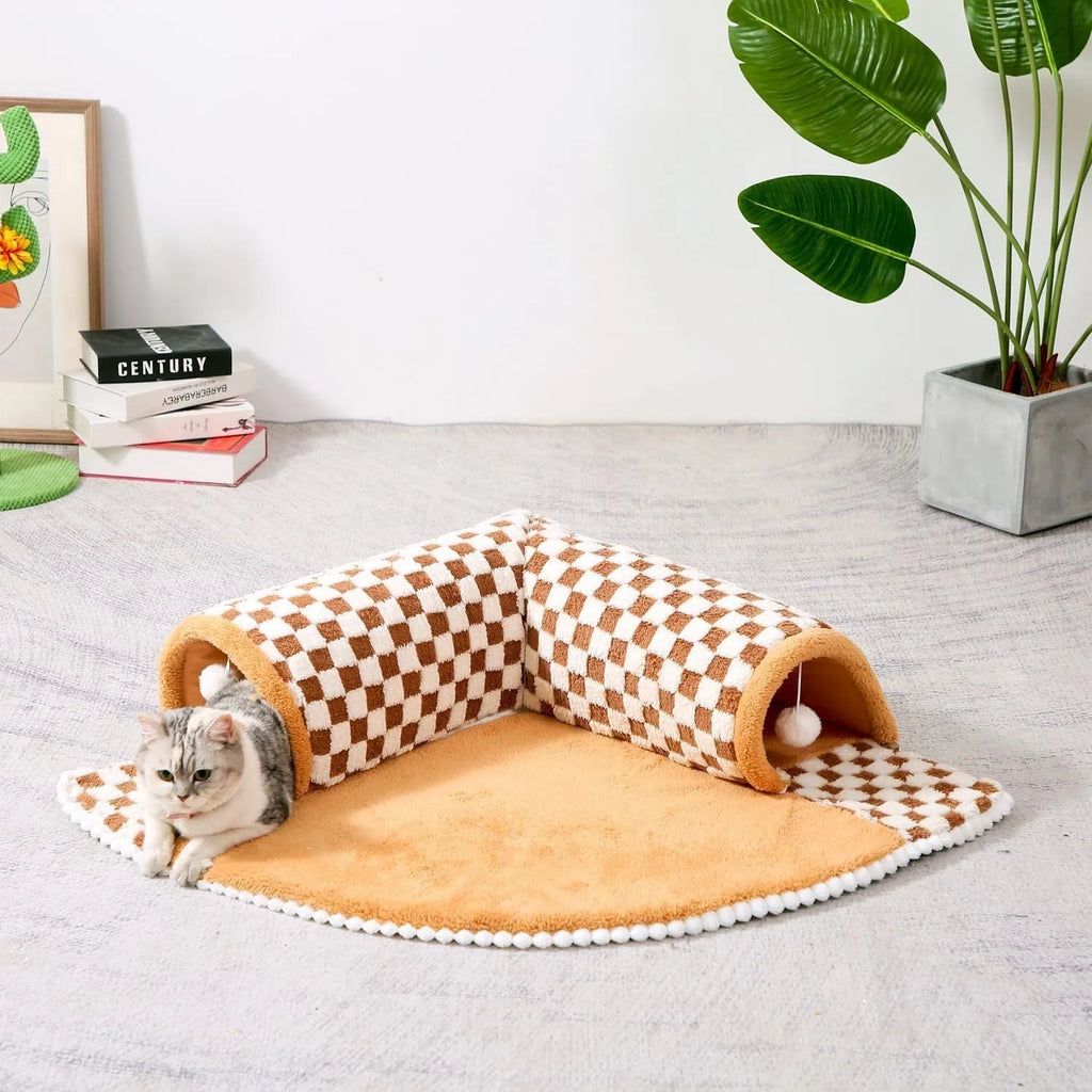 XL 80cm plush dog cat bed with tunnel and fan-shaped sleeping area in coffee plaid