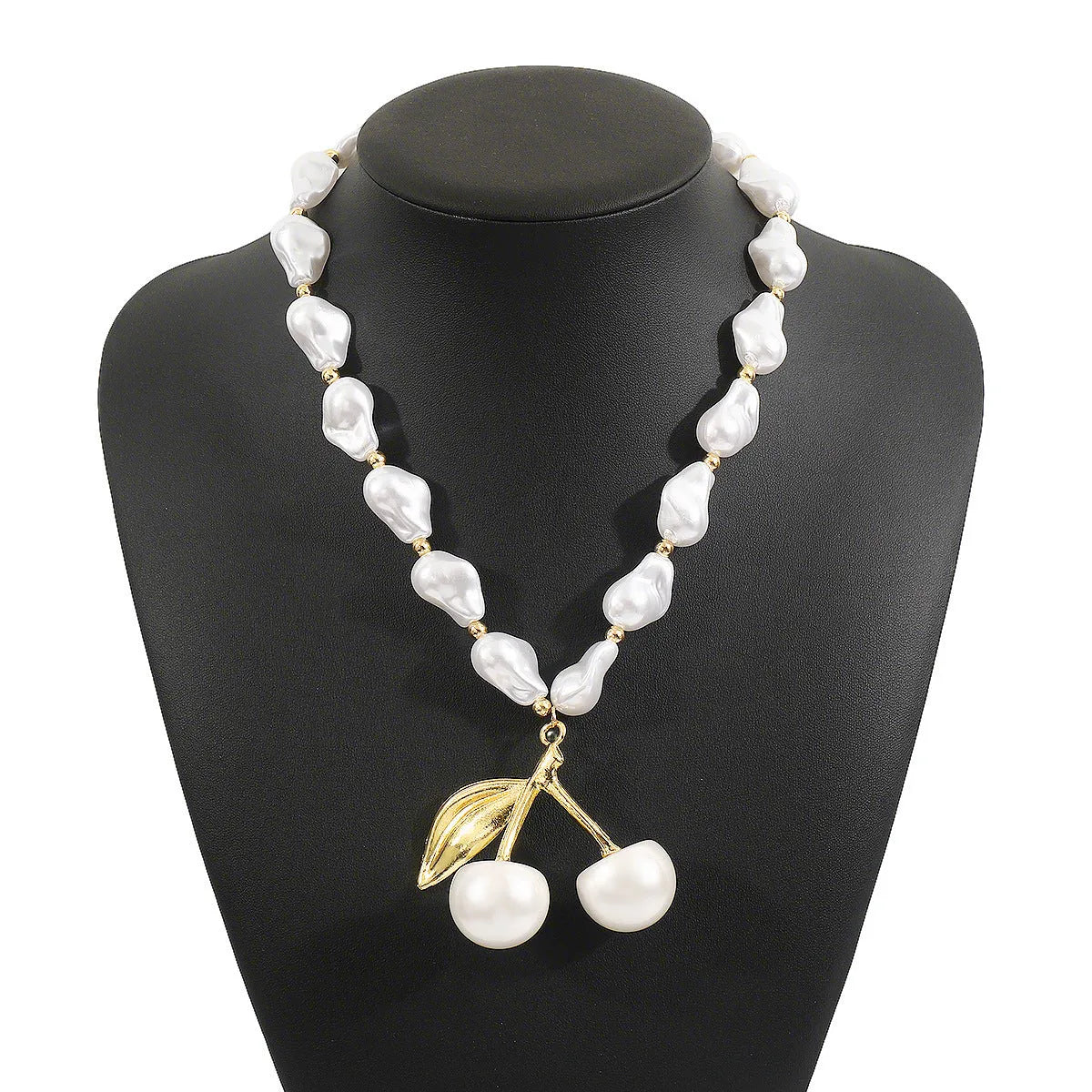 Women's adjustable pearl cherry fruit necklace with gold electroplated finish showing fruit pendant details