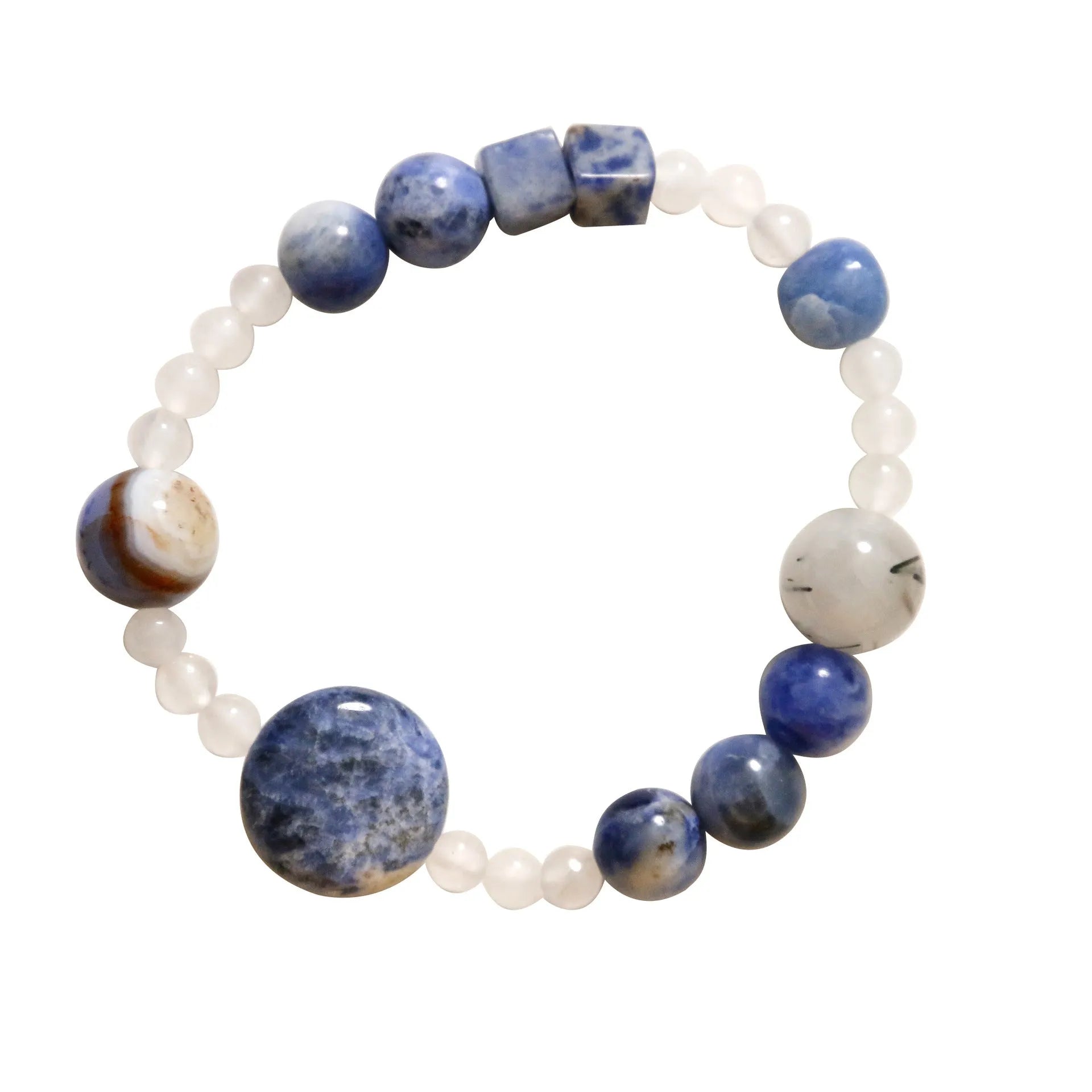 Natural blue point stone and black hair crystal agate hand-woven unisex bracelet with round and oval geometric beads