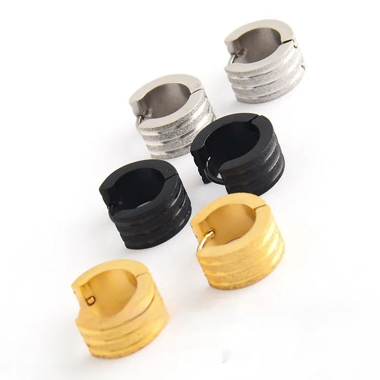 Korean style three-line frosted geometric titanium steel earrings in black, gold, and steel colours