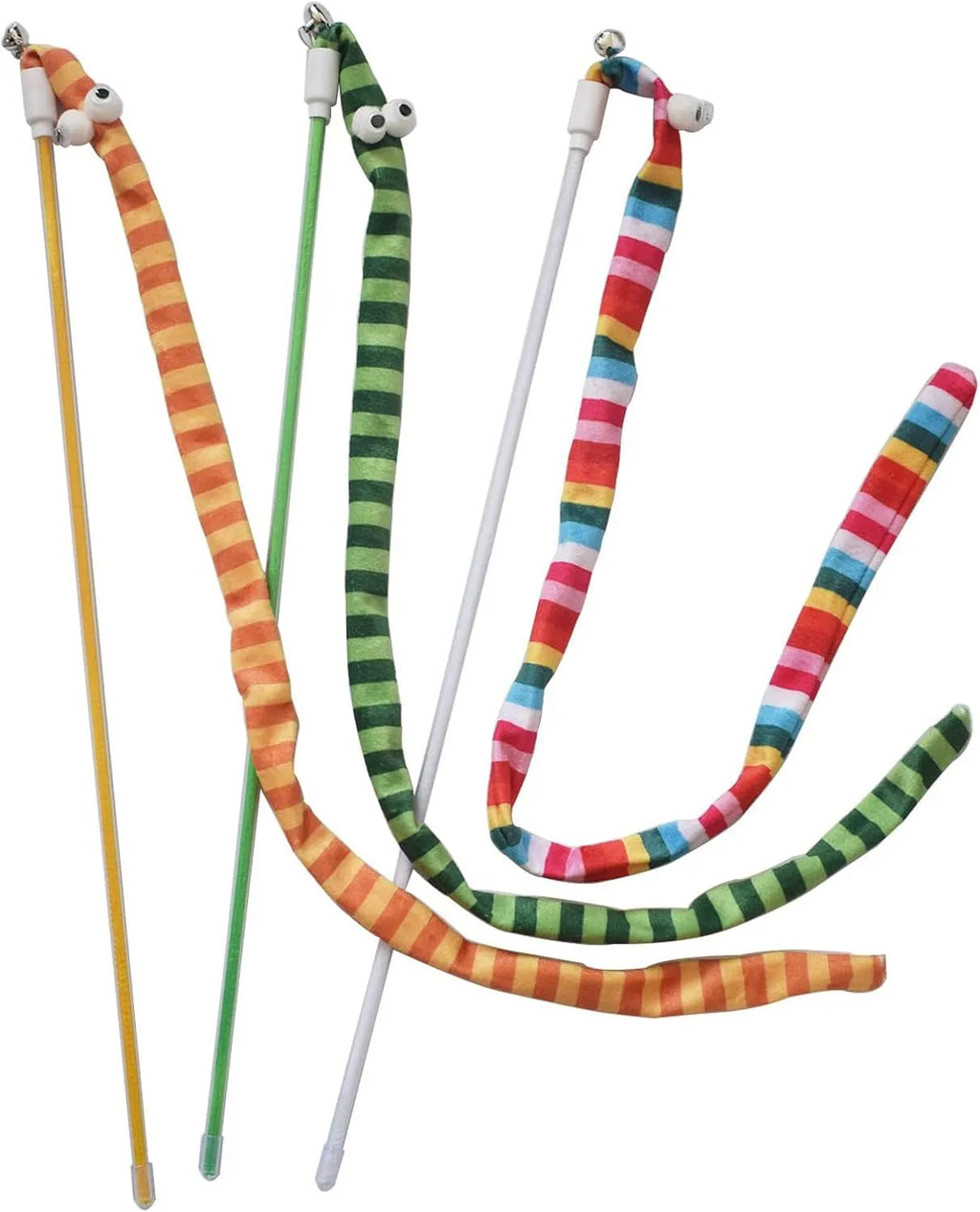 Cat wand toy with polycarbonate pole and long plush strip in rainbow colours with bell attachment
