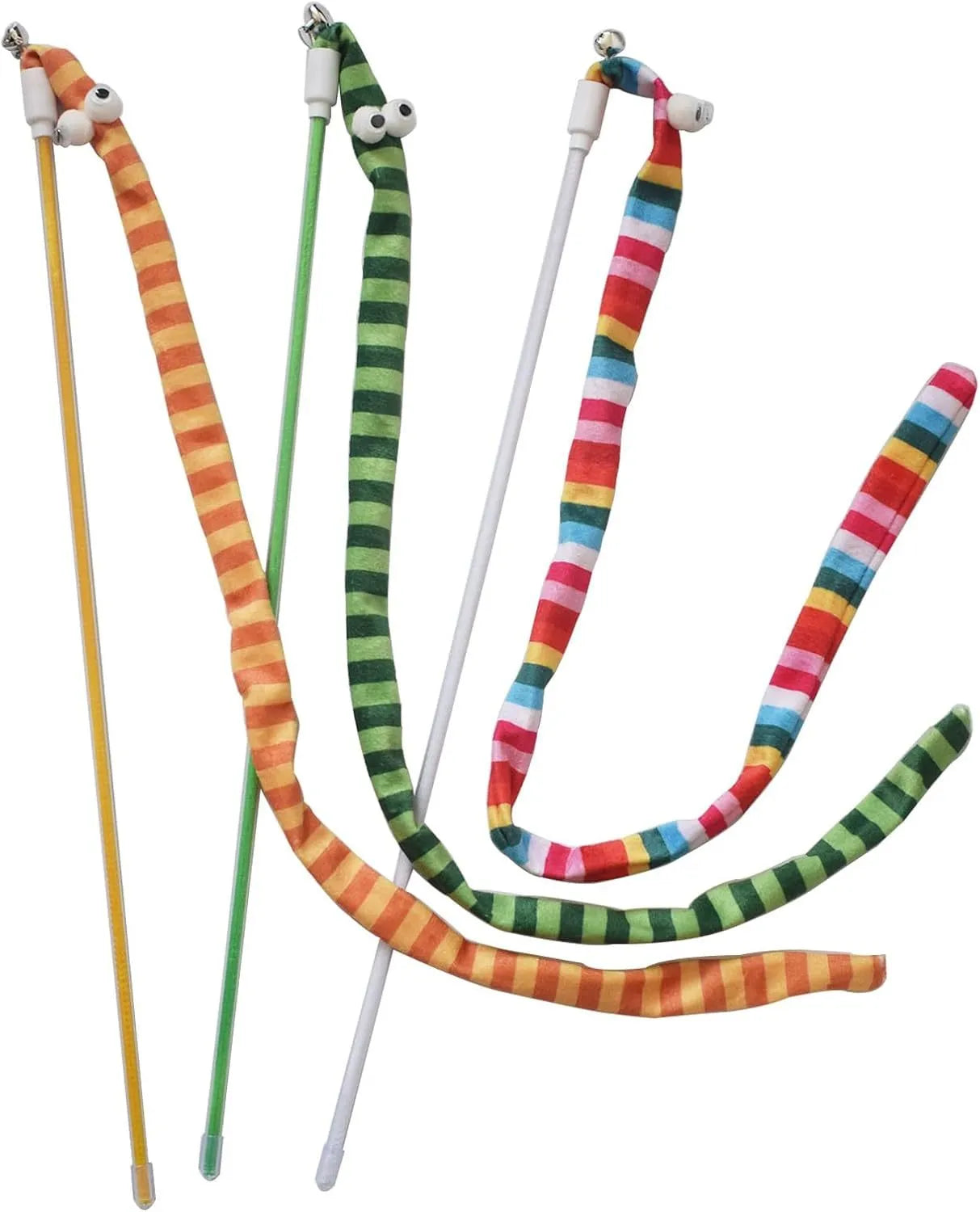 Cat wand toy with polycarbonate pole and long plush strip in rainbow colours with bell attachment