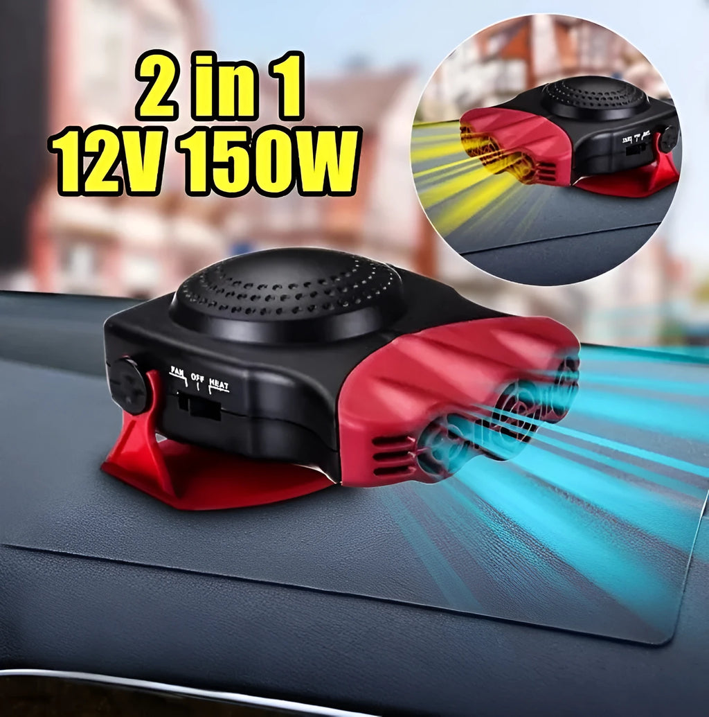 Portable car windshield defroster fan in black and red ABS housing on dashboard with power cable