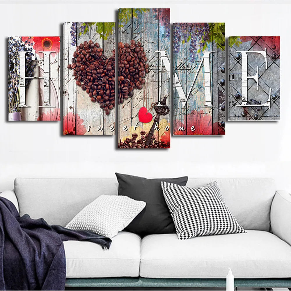 Frameless Home Sweet Home decoration board set in red on oil painting material, five panels arranged on a wall