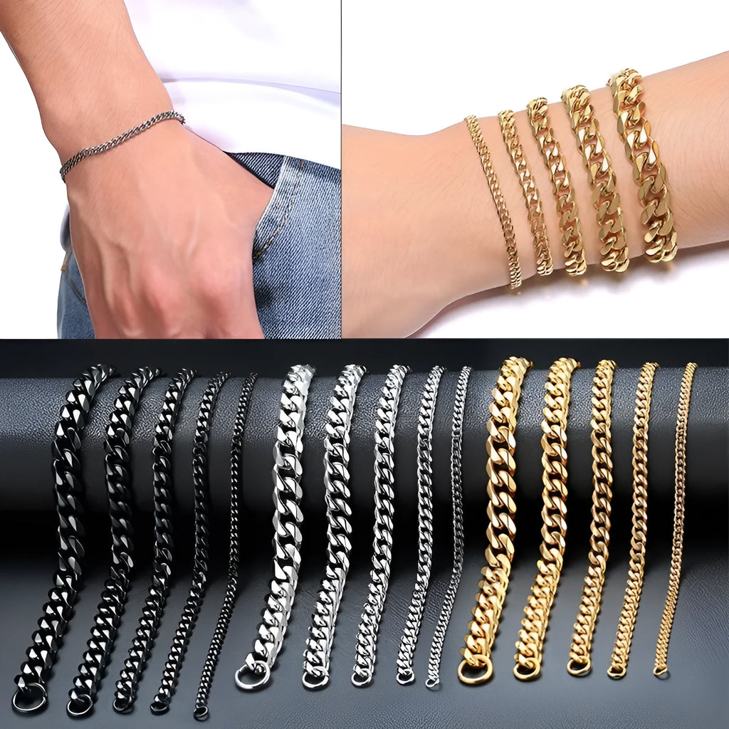 Six-sided geometric Cuban link chain metal bracelet in a gold finish on a wrist.