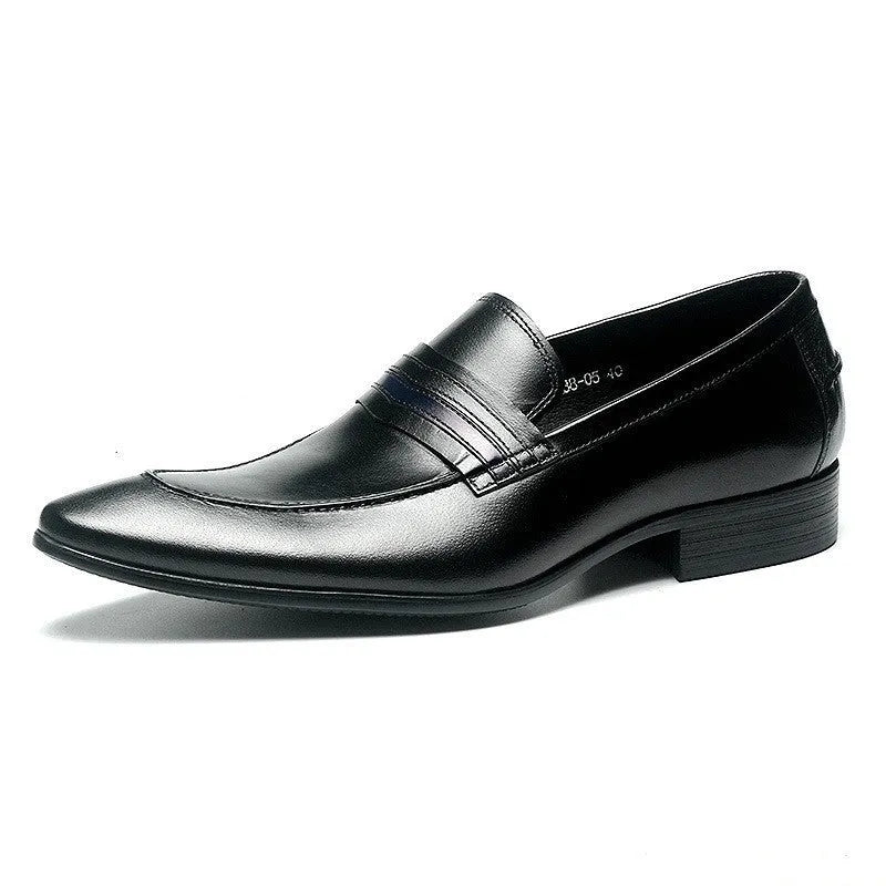 Men's black shallow mouth leather shoes with low heel and rubber sole on a neutral background