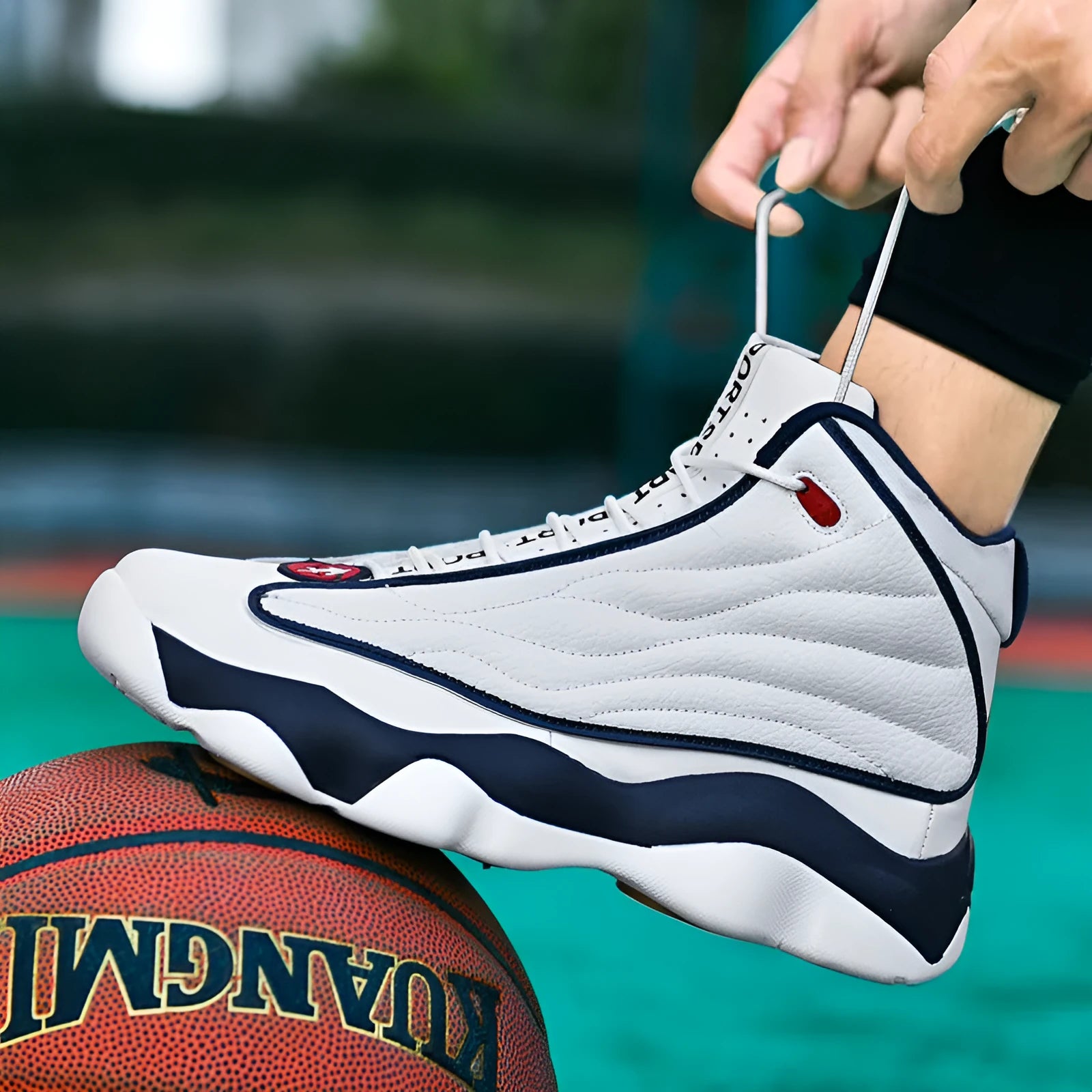 Men's high-top basketball shoes with thick rubber sole and mesh upper in AJ13 colour options