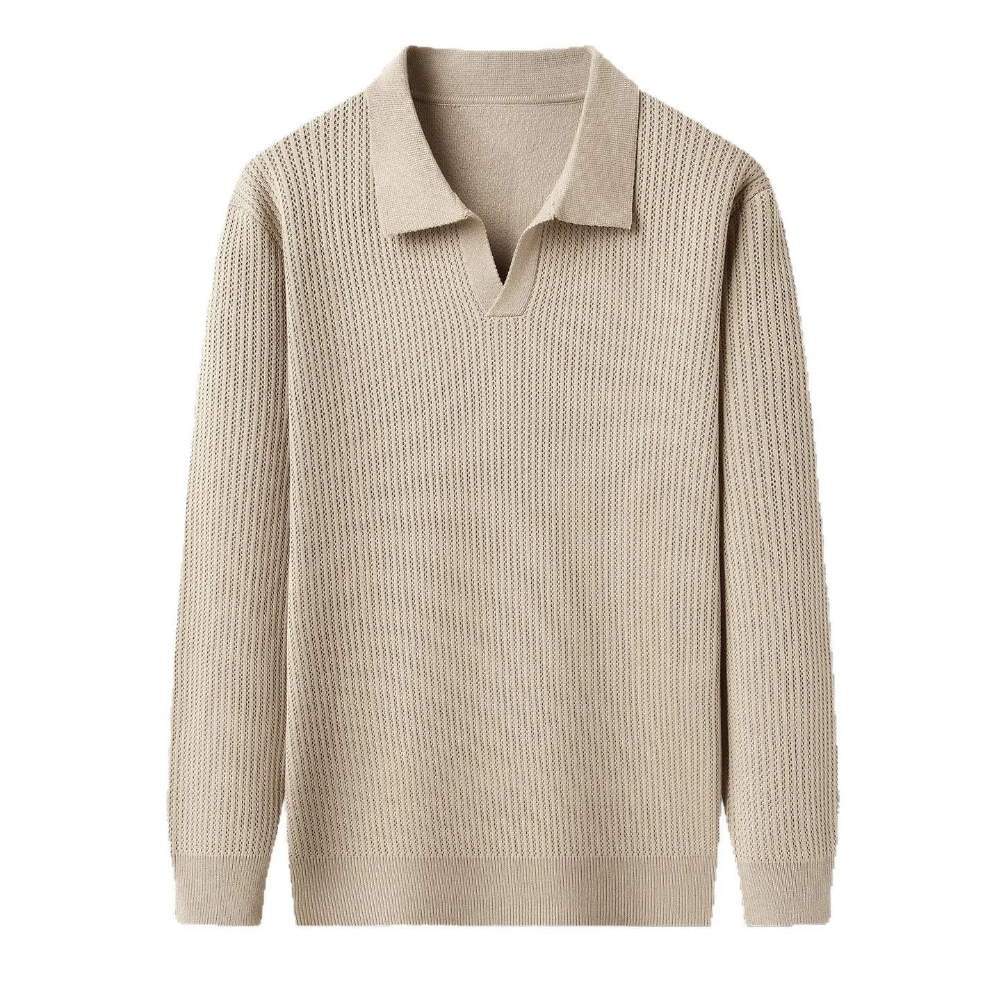 Man wearing a loose green casual pullover sweater for autumn.