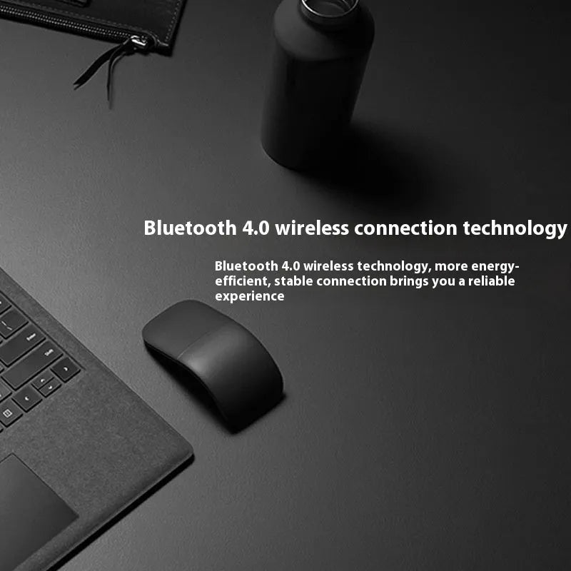 Folding wireless touch mouse shown in black colour with Bluetooth connectivity