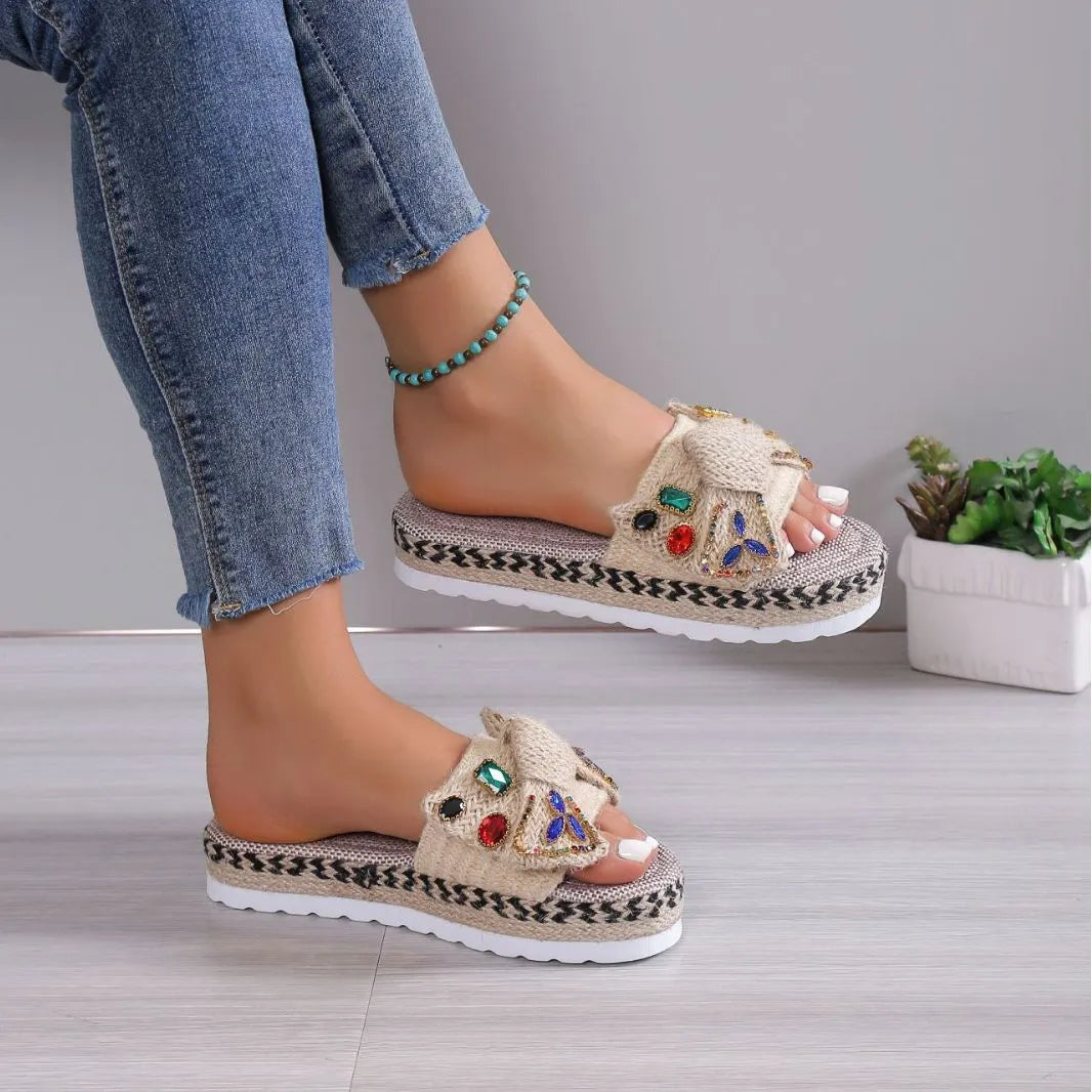 Beige women's platform sandals with bow detail and round cloth upper toe