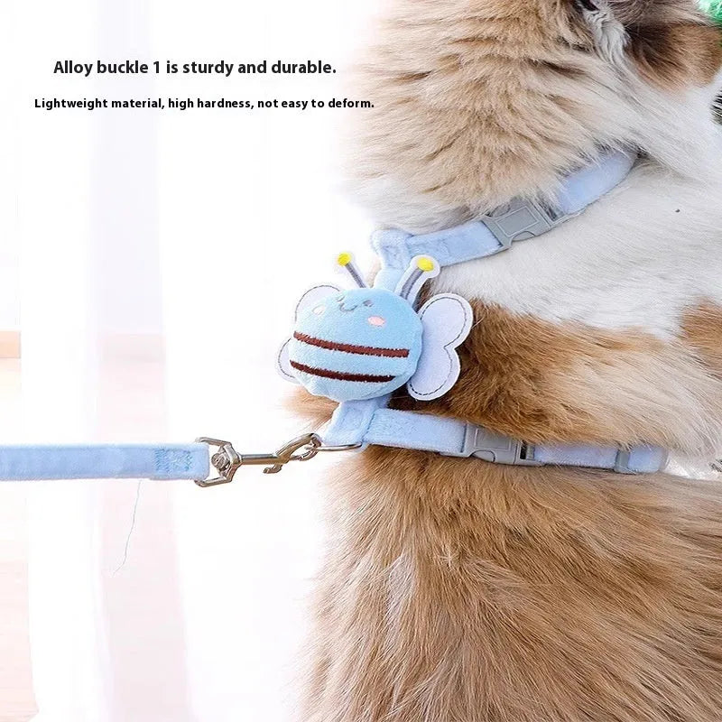 Bee-shaped pink cat collar and lead set for walking, shown with hand-held rope.