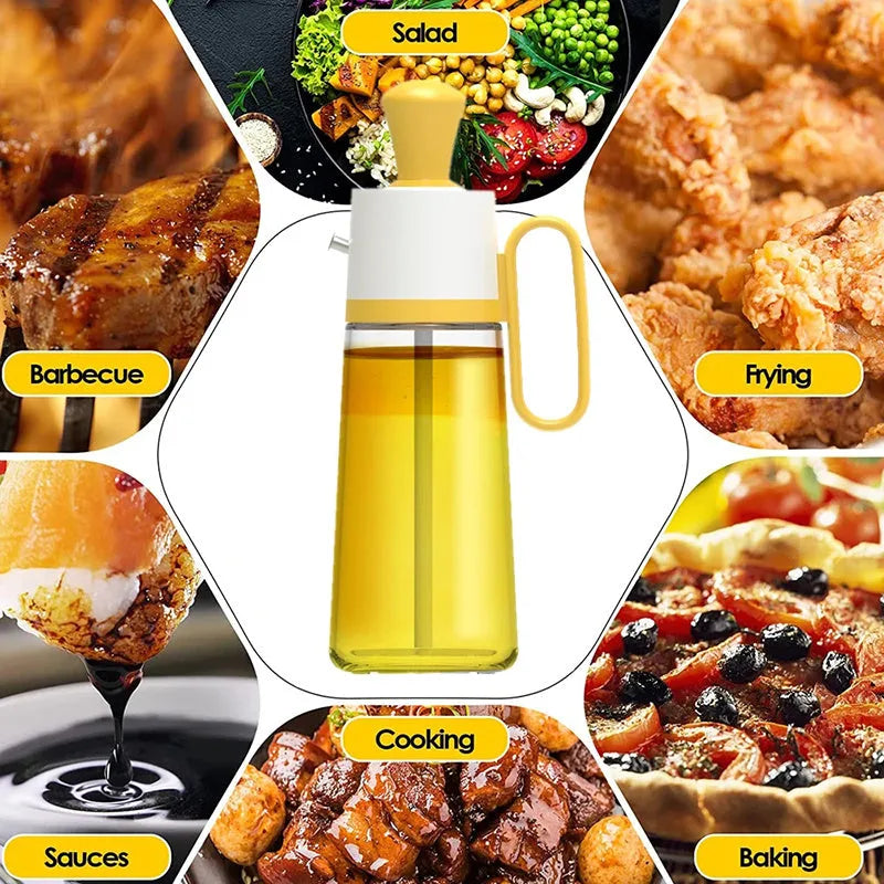 2-in-1 oil dispenser with silicone brush head and 304 stainless steel nozzle, 550ml glass bottle in yellow
