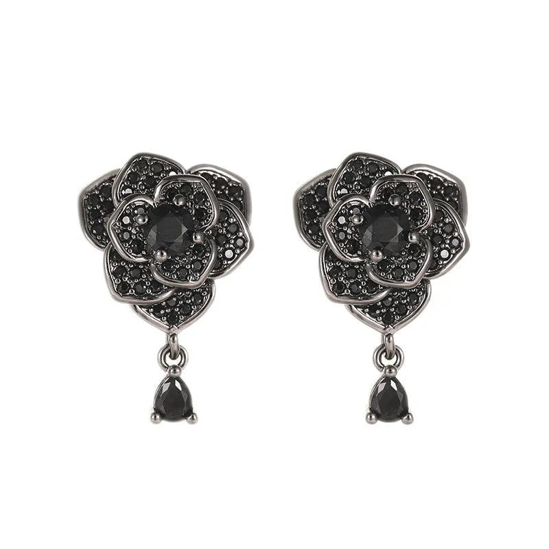 Black rose zircon flower stud earrings for women, 18K gold plated copper jewellery