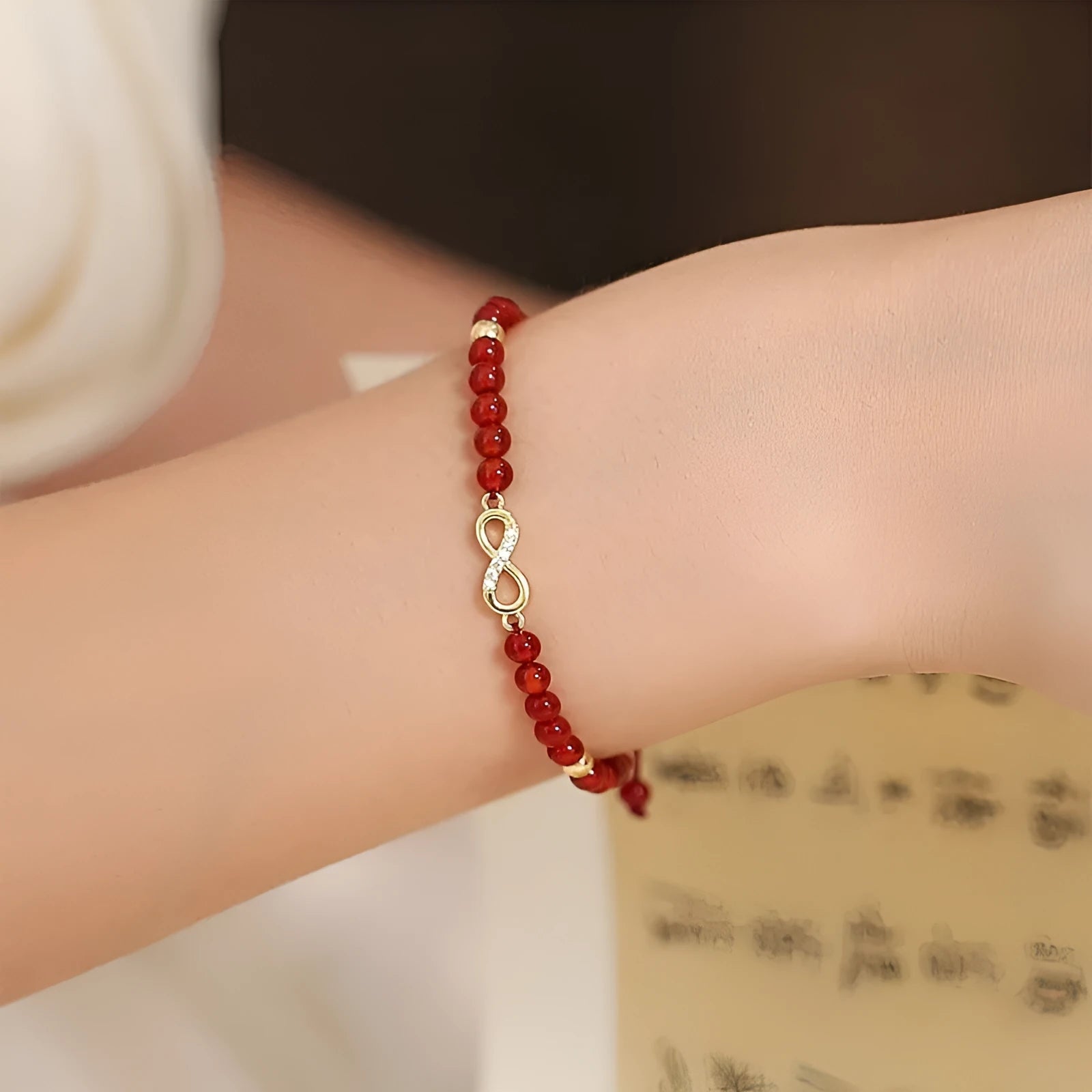 Women's hand-woven natural red agate beads bracelet diamond shape unisex ethnic style with electroplating finish