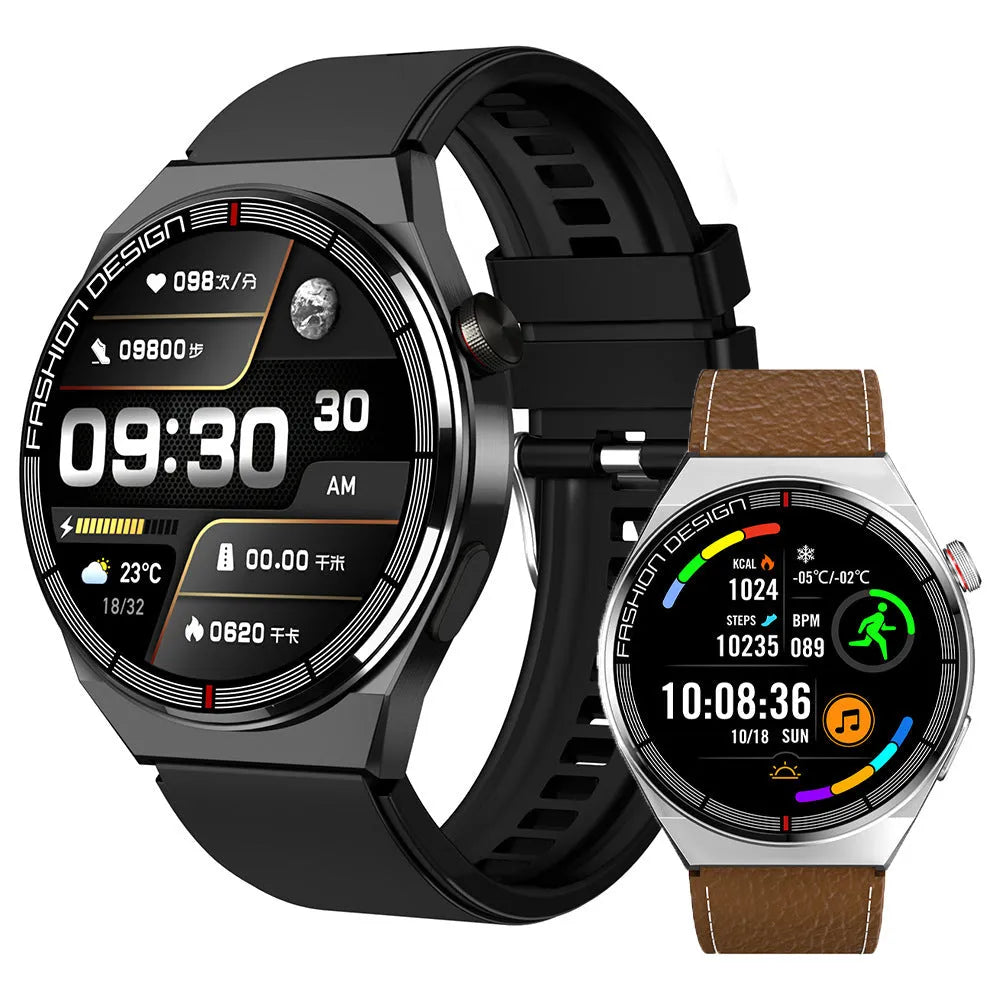 Black and silver Bluetooth NFC smartwatch with 1.28 inch glass screen and silicone strap for heart rate monitoring