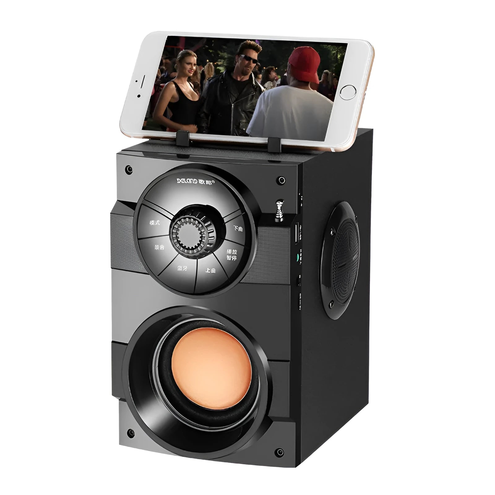 Black portable mini home audio system with subwoofer, 1.2m cable, and 3.5mm audio interface