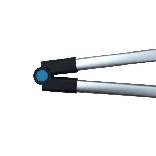 Blue foldable portable pickup trolley with aluminium frame showing collapsed and extended positions.