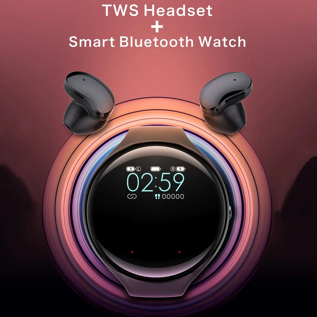 Black smart bracelet with detachable TWS Bluetooth earphones showing colour screen displaying heart rate and step count