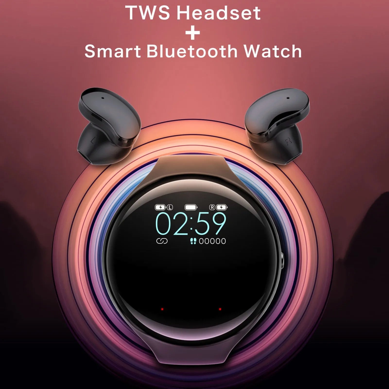 Black smart bracelet with detachable TWS Bluetooth earphones showing colour screen displaying heart rate and step count