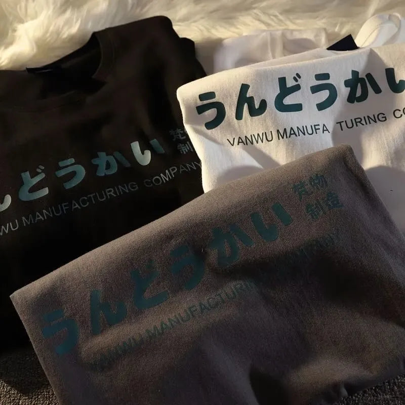 Pure cotton loose-fitting short sleeve T-shirt in black, white, and dark grey with letter pattern and regular sleeves