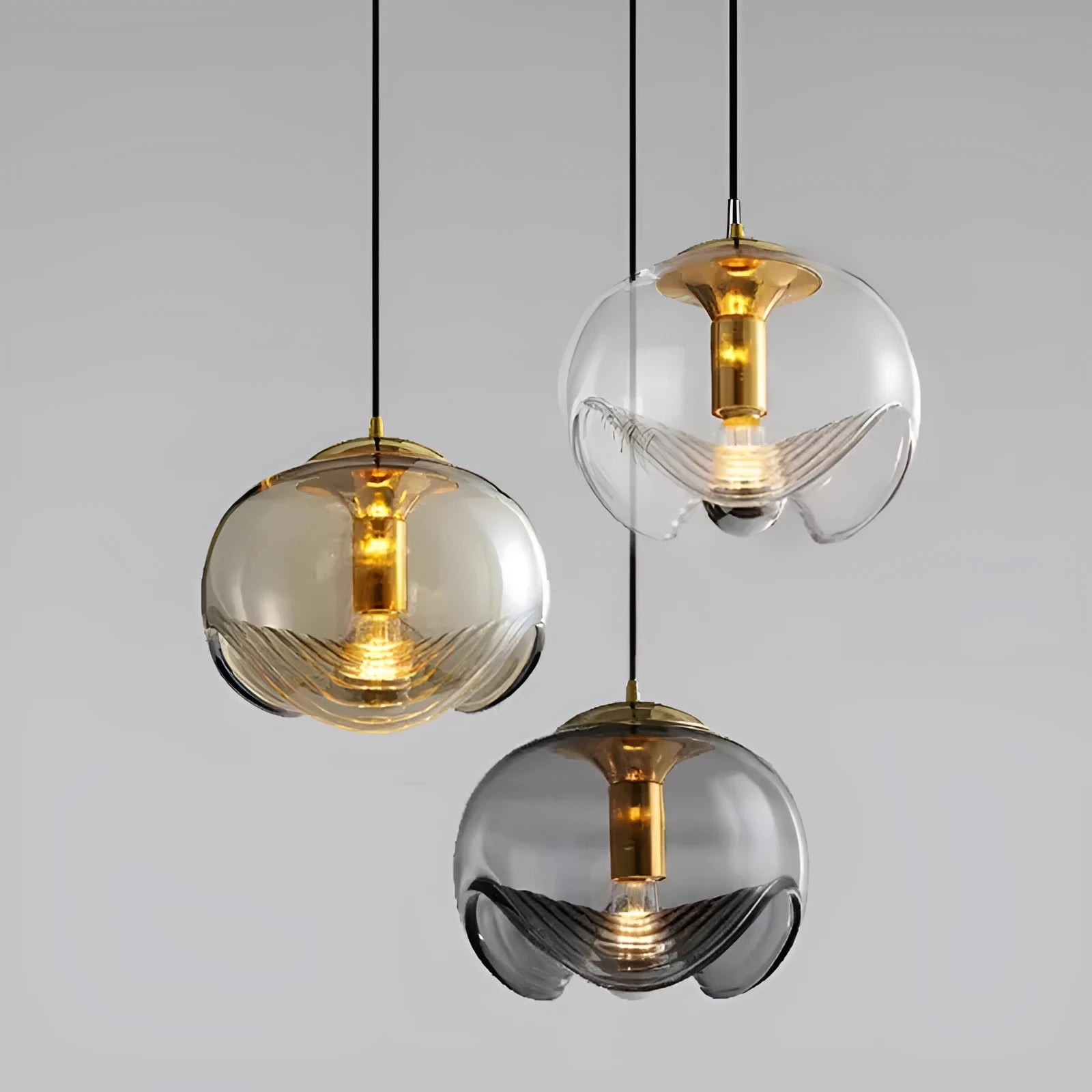 Modern minimalist glass bedside chandelier with 250mm diameter and transparent, amber or smoky grey light colour options