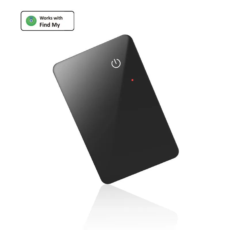Black pet tracking locator card with wireless charging and NFC, constructed from ABS and glass, 85x54x2.1 mm