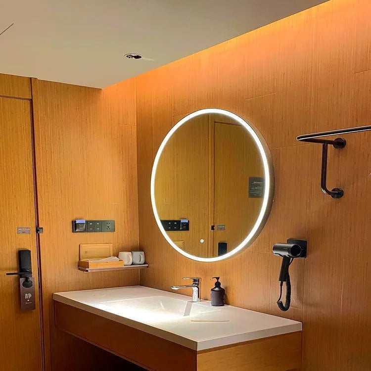Round black aluminium frame LED bathroom mirror with touch control dimming lights.