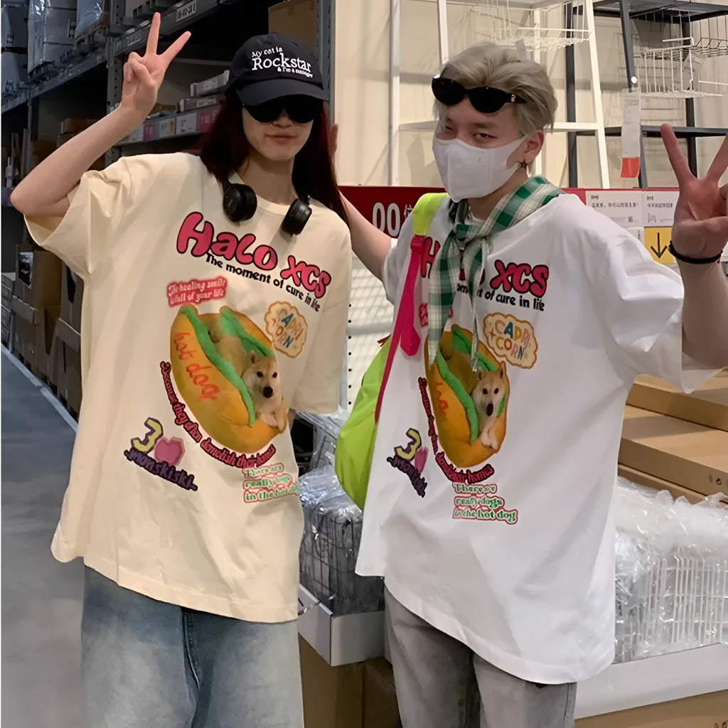 Cartoon hamburger dog printed couple's T-shirts in white, apricot and sky blue colours