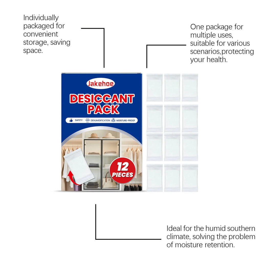 Pack of 12 white calcium chloride desiccant units for household moisture and odour control.