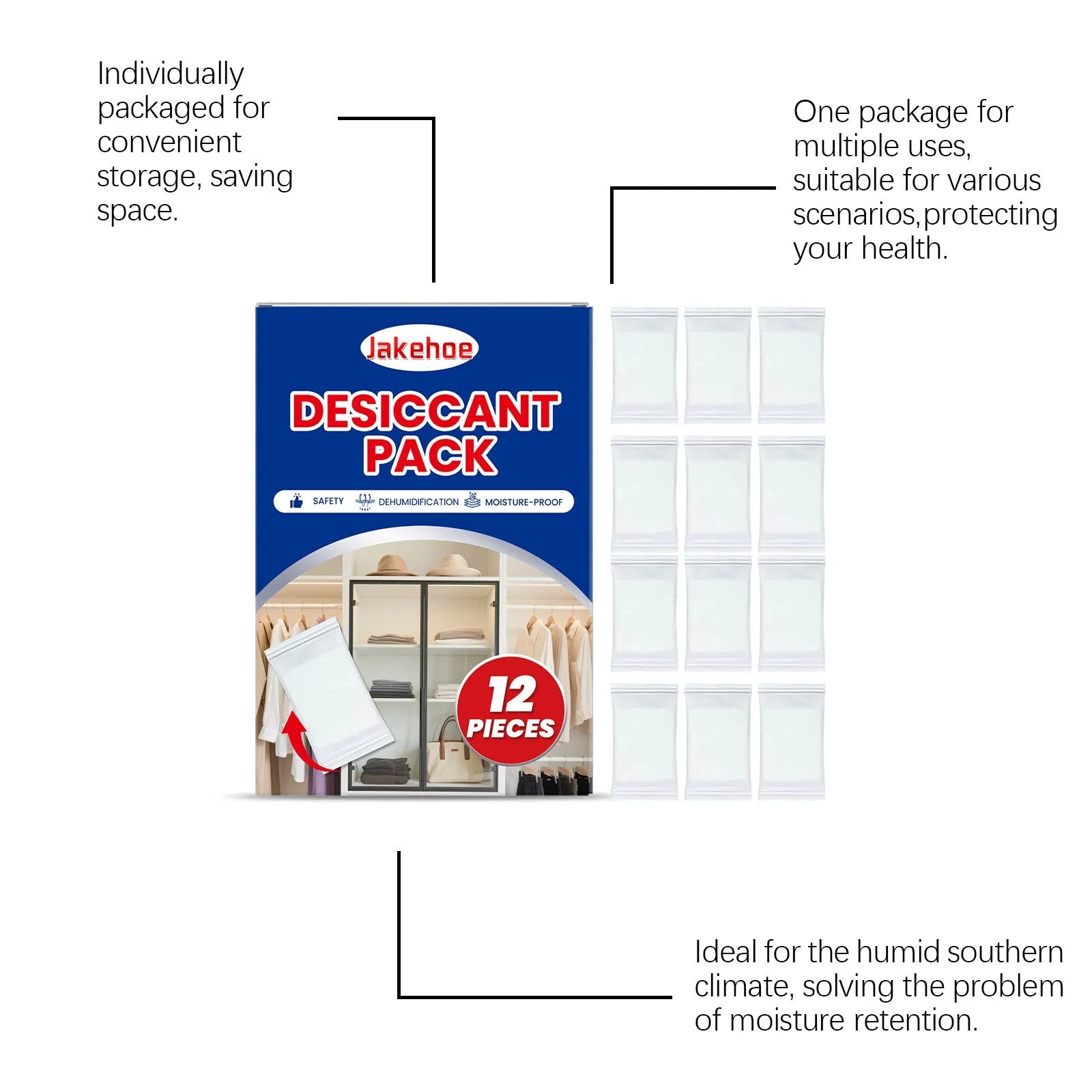 Pack of 12 white calcium chloride desiccant units for household moisture and odour control.