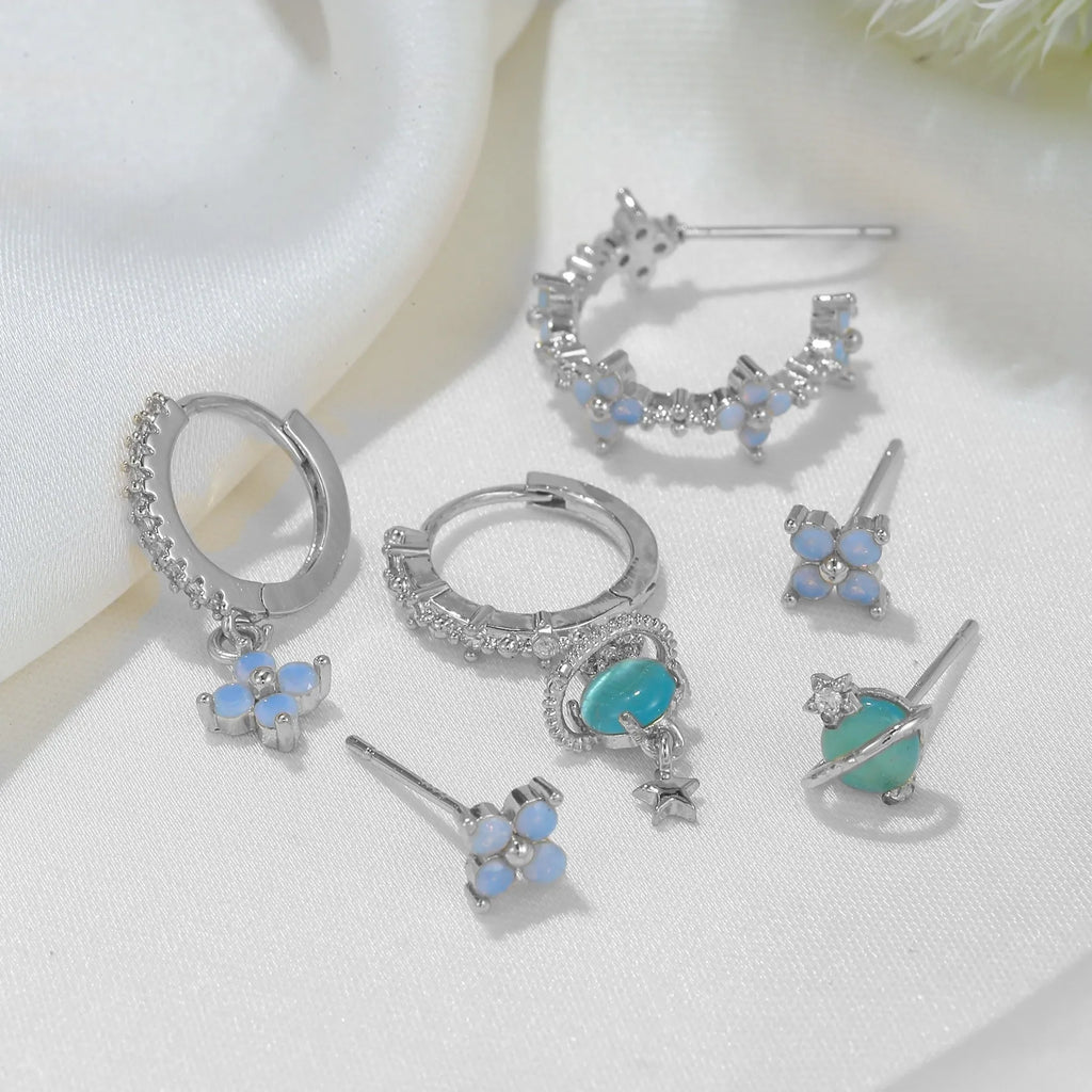 Japanese Korean style floral stud earrings with zircon detailing in gold or silver finish