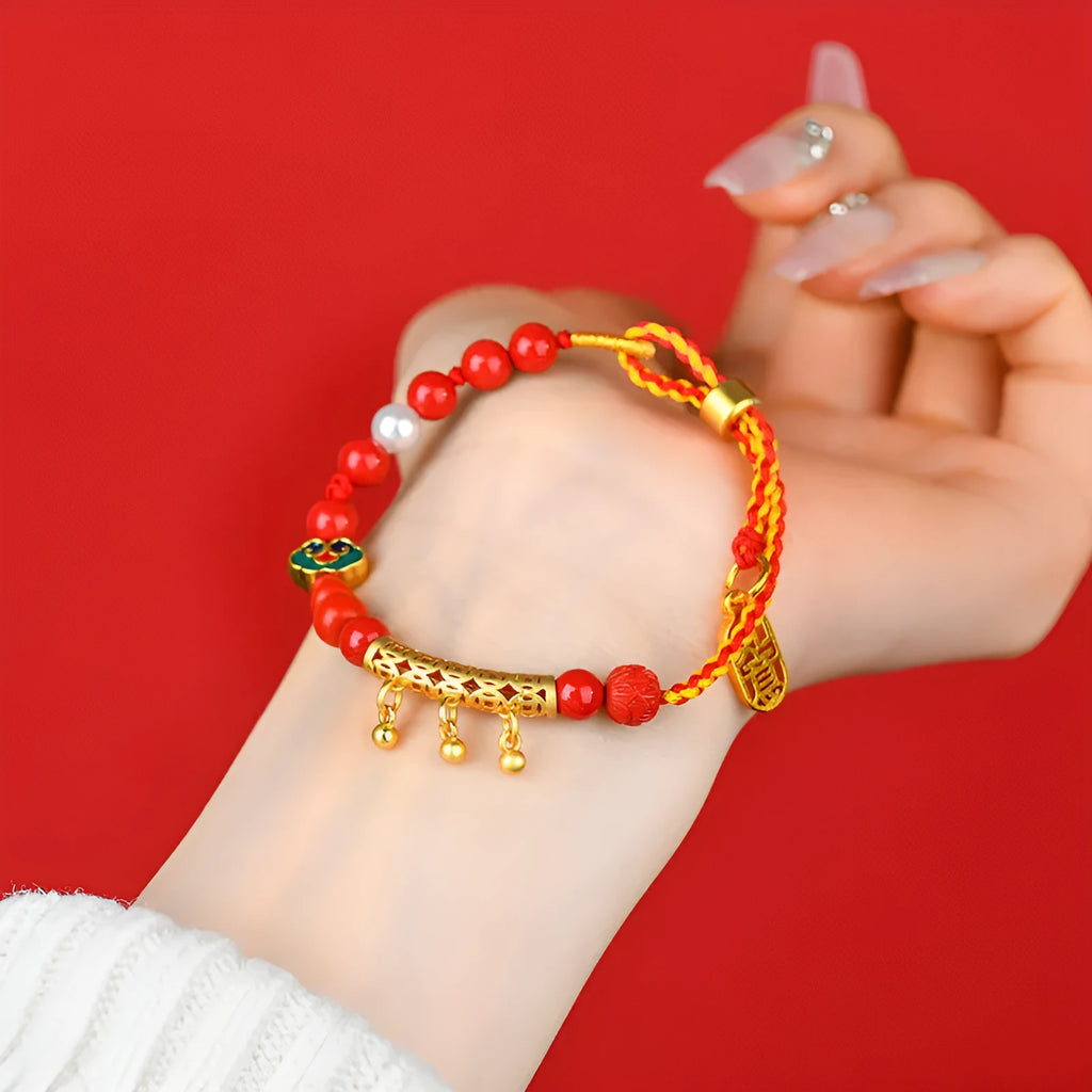 Hand-woven cinnabar red rope bell bracelet with round geometry style, women's national design