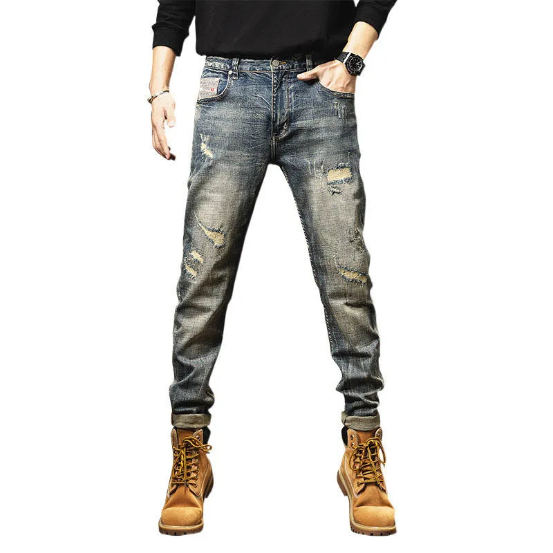 Men's retro heavy washed straight leg fleece lined jeans in vintage blue A7707 with drawstring waist