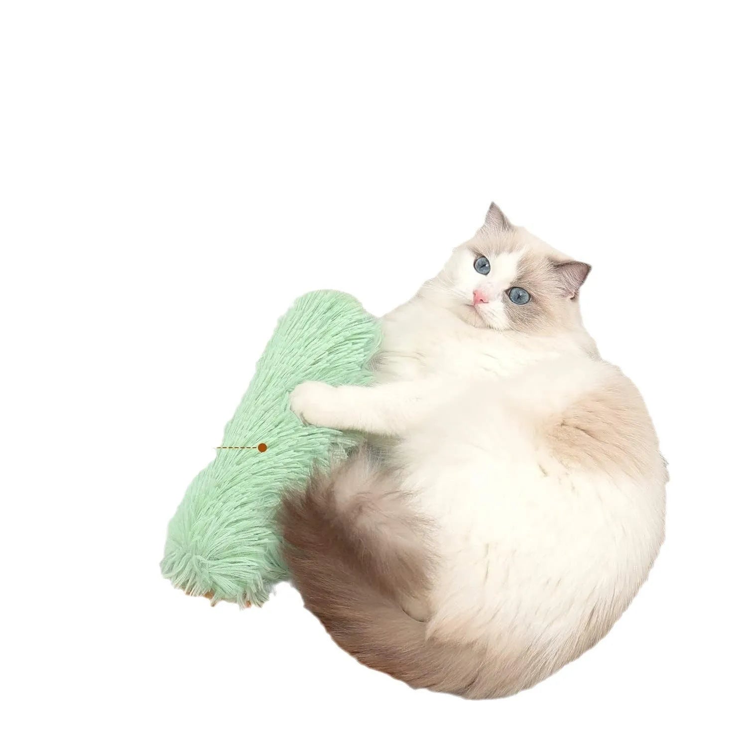 Plush cat toy pillow in four colours: green, white, blue, and pink, measuring 27x10cm