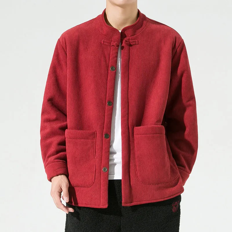 Men's hanfu stand collar corduroy fleece warm jacket in black, front view
