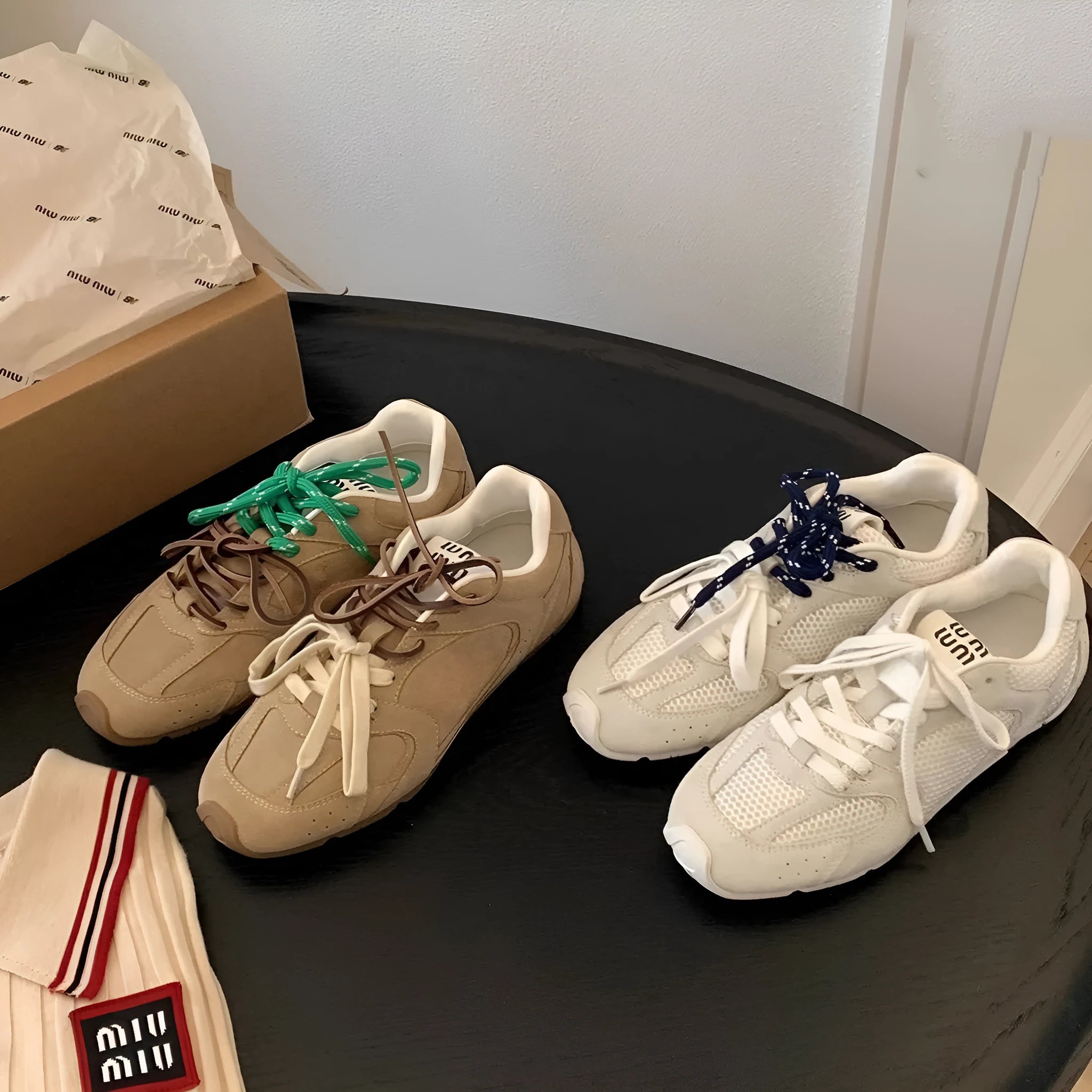 Retro German training women's sports casual shoes in khaki, artificial PU upper, front lace-up, flat heel