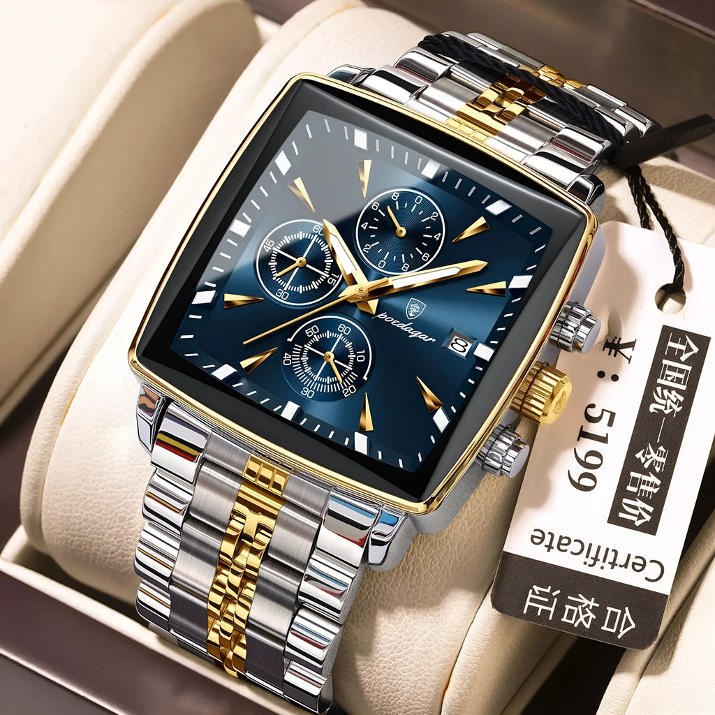 Square-faced men's business watch with stainless steel strap on wrist, showing gold and black colour option.