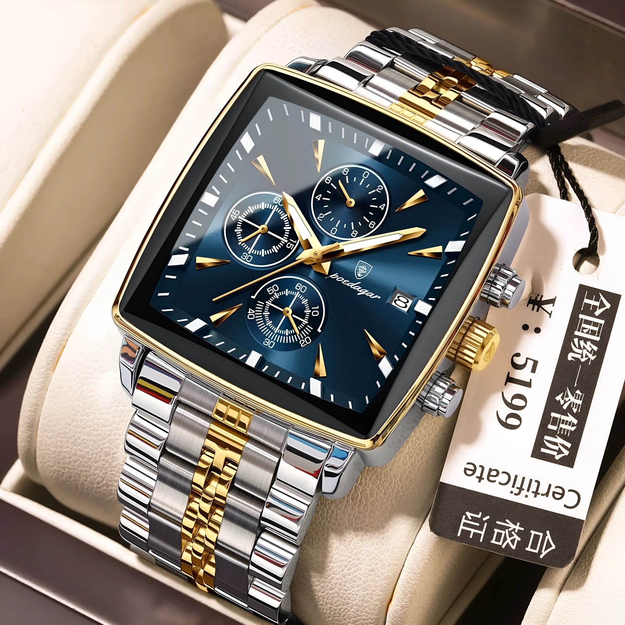 Square-faced men's business watch with stainless steel strap on wrist, showing gold and black colour option.