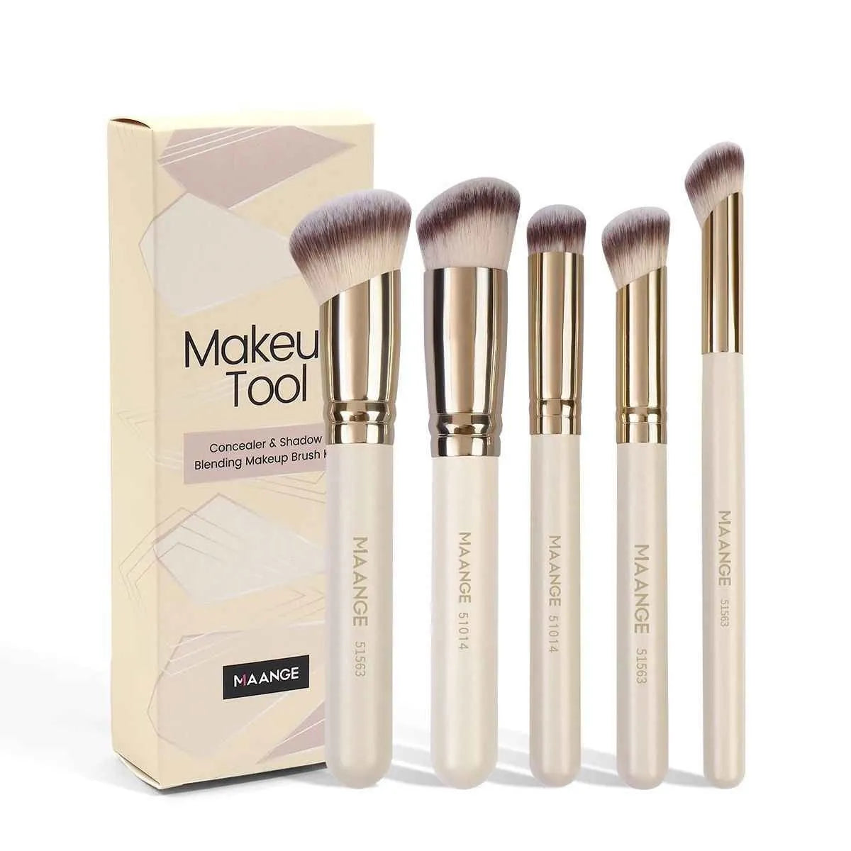 MAANGE set of five apricot-coloured makeup brushes with angled blusher brush on a white background.