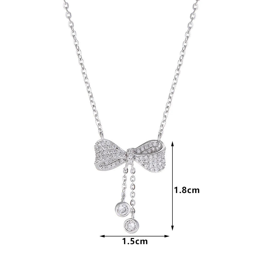 Women's sterling silver bow pendant necklace with O-ring chain, 40-45cm adjustable length