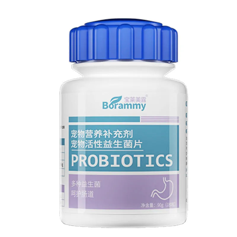 Bottle of 180 pet probiotic chewable tablets for dog and cat digestive health