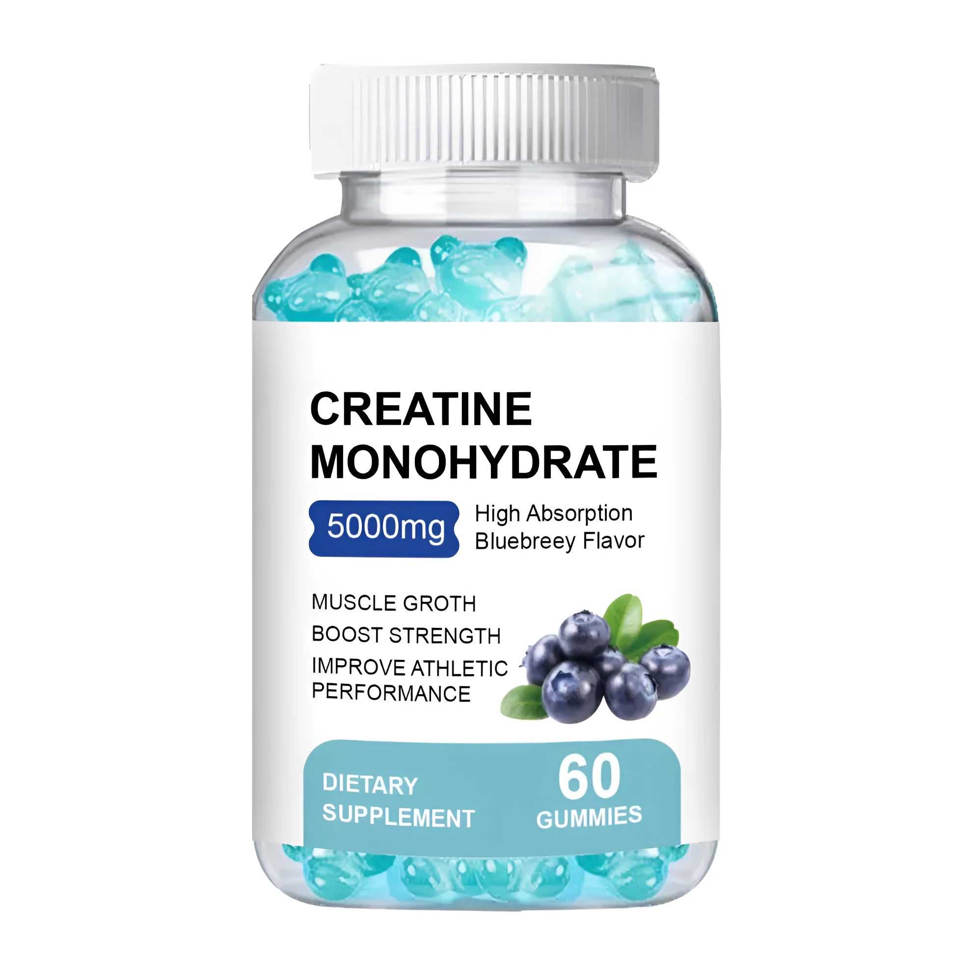 Creatine monohydrate supplement gummies in 60-piece pack showing sugar-free soft candy format