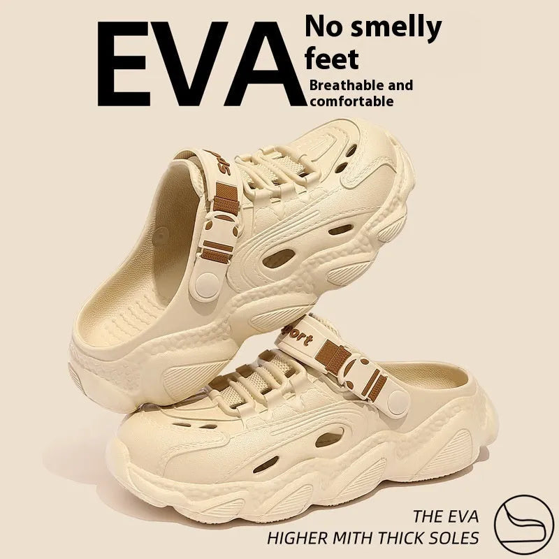 Khaki coloured men's summer slippers with a hollow out breathable design and a light-coloured EVA sole.