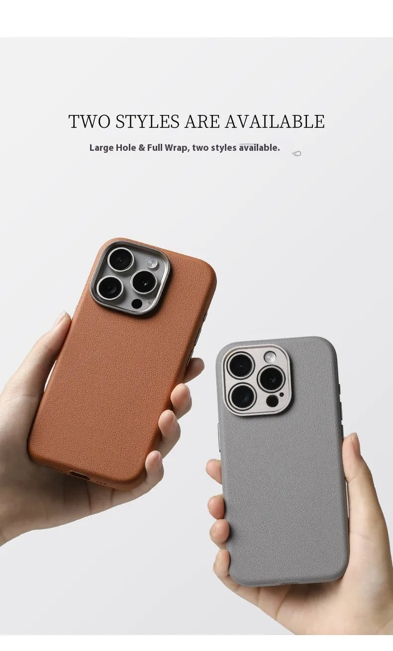 Genuine leather protective phone case with alloy lens cover, MagSafe, for iPhone 15 and 16 series, black colour