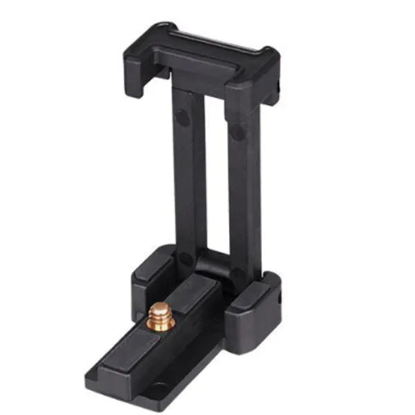 Black desktop phone tripod stand compatible with iPhone models on a desk