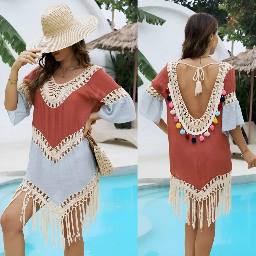 Orange beach overskirt with hand crochet stitching and tassel trim, floral pattern on polyester fabric