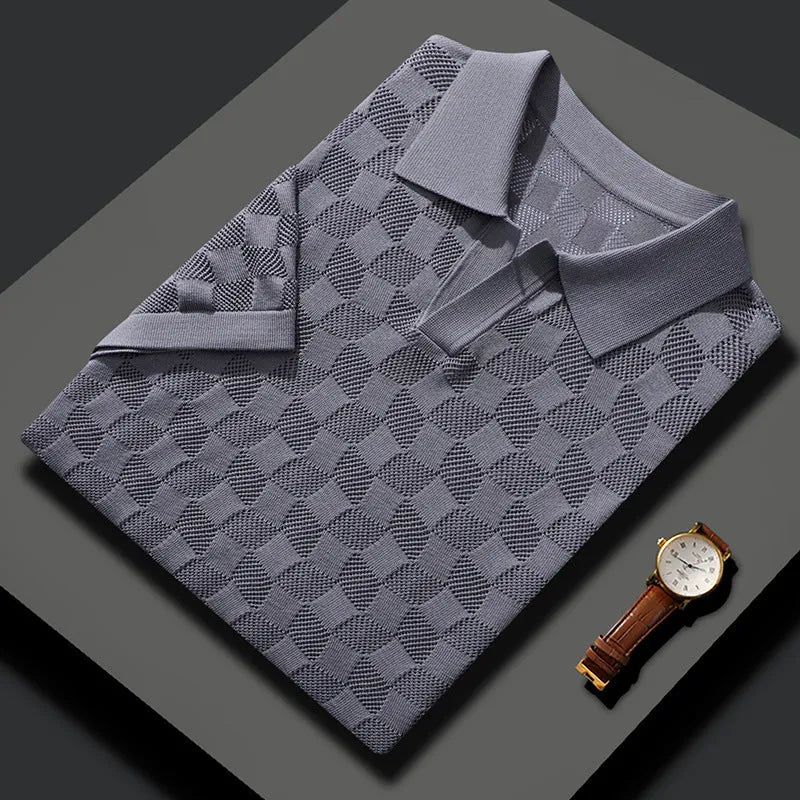 Men's short sleeve lapel sweater in mulberry silk for business casual office wear