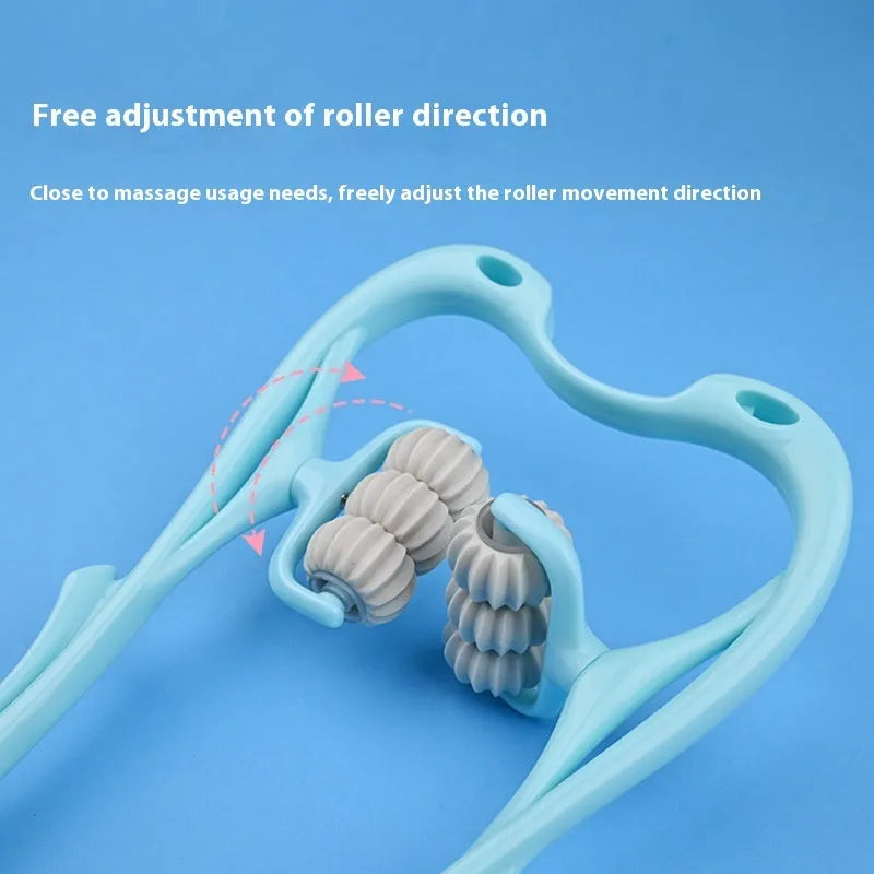 Blue plastic handheld massager with six white rolling wheels for neck and shoulders.