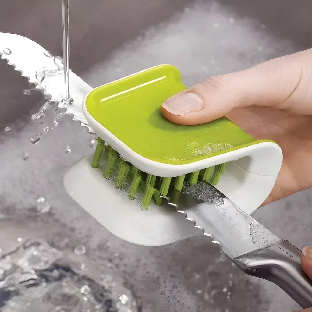 U-shaped ABS cutlery cleaner brush in blue with bristles for washing knives and forks